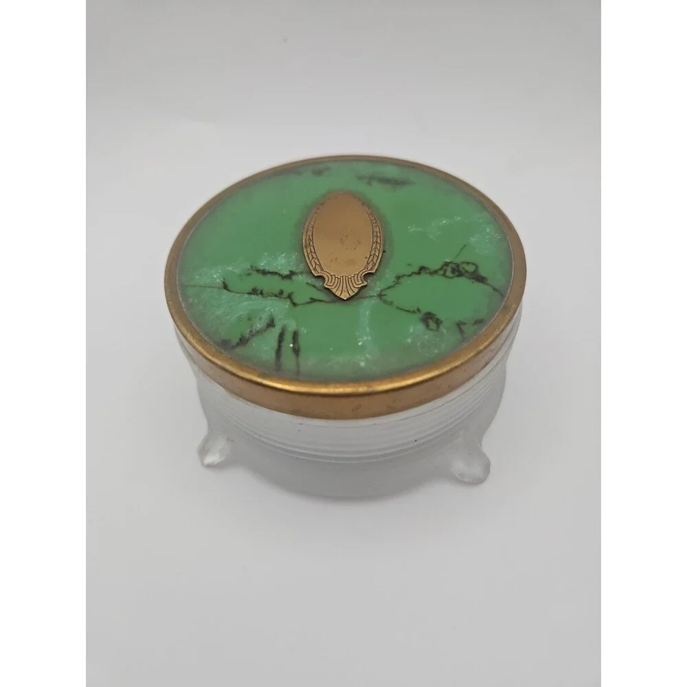 Vtg Set Dresser Glass Jars Green Art DecoMetal  Lids